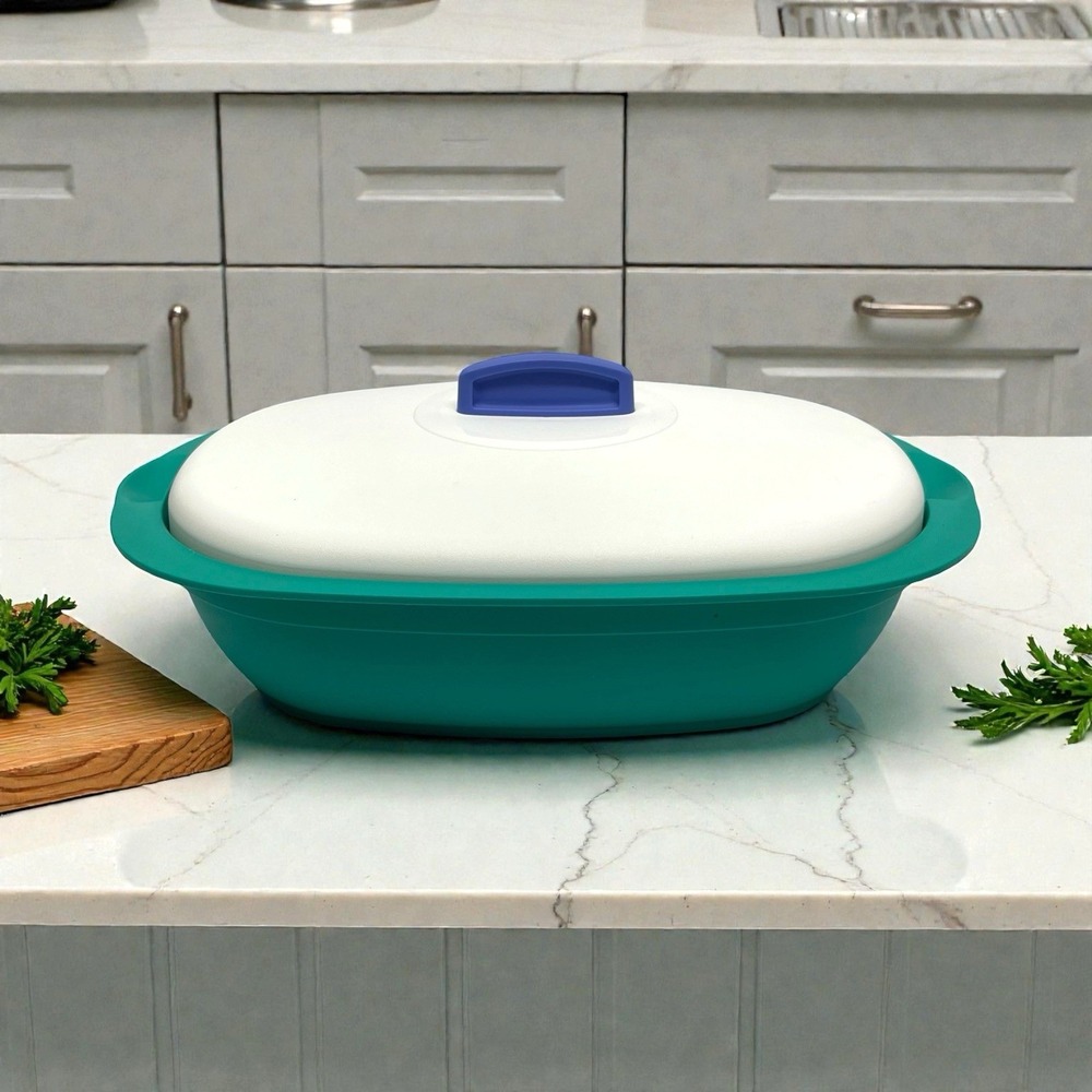 13" Tupperware 7 1/4 Cup Legacy‎ Microwave Serving Dish Tray Oval Teal White Lid